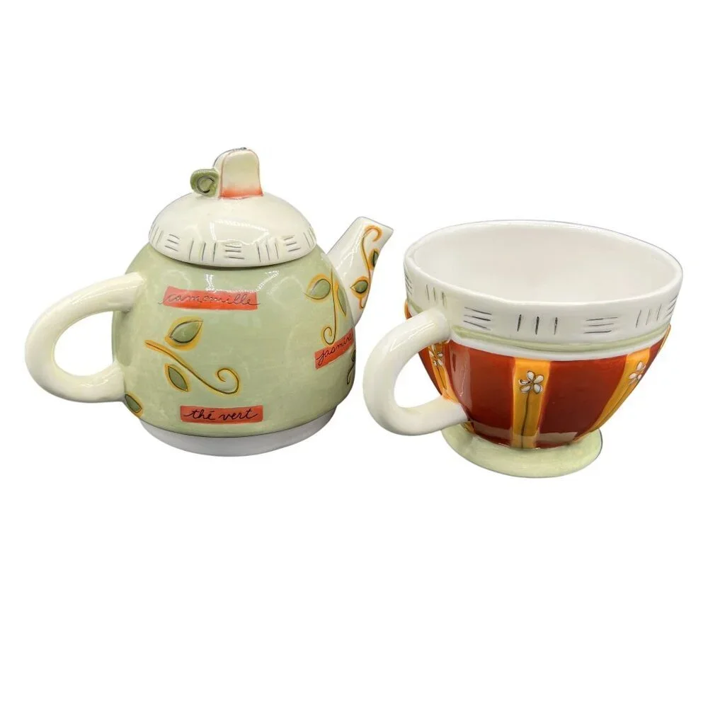 Collectible Tea For One Set Teapot Teacup Stackable Joie de Vivre pattern by MSC